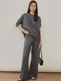 Momentlover Urban Loose Solid Round-Neck Vest Top& V-Neck Sweater Tops& Wide Leg Pants Three-Piece Set