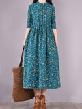 Momentlover Original Lapel Frenum Floral Printed Midi Dress