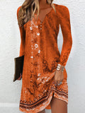 Momentlover Floral Printed Loose Long Sleeves V-Neck Mini Dresses