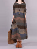 Momentlover Artistic Retro Loose Ramie Cotton Striped Multi-Colored Round-Neck Long Sleeves Midi Dress