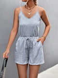 Momentlover Solid Color Pockets Drawstring Sleeveless Loose V-Neck Rompers