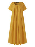 Momentlover Simple Solid Color U-Neck Pleated Short Sleeves Maxi Dress