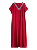 Momentlover Casual Artistic Retro Striped V-Neck Short Sleeves Maxi Dress