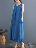 Momentlover Simple Denim Blue Round-Neck Buttoned Sleeveless Midi Dress
