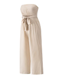 Momentlover Original Cold Shoulder Tied Solid Color Straight Leg Jumpsuits