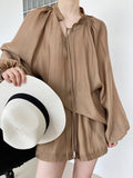 Momentlover Casual Loose Solid Color Puff Sleeves Blouse&Wide Leg Shorts Two Pieces Set
