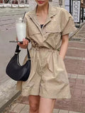 Momentlover Loose Wide Leg Drawstring Solid Color Zipper Notched Collar Rompers