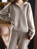 Momentlover Solid Color Polo Long Sleeves Loose Sweater Top + Pants Bottom Two Pieces Set