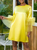 Momentlover Tulle Split-Joint Solid Color Shiny Plus Size Loose Round-Neck Mini Dresses