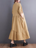 Momentlover Simple Half Sleeves Loose Solid Color Lapel Collar Midi Dresses