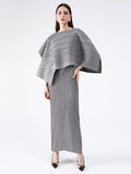 Momentlover Urban Loose Solid Color Tied Pleated Top&V-Back Vest Dress Two Pieces Set