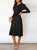 Momentlover Tied Waist Solid Color Long Sleeves High Waisted Round-Neck Sweater Dresses Midi Dresses