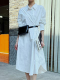 Momentlover Solid Color Asymmetric Loose Long Sleeves Lapel Shirt Dress
