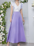 Momentlover Split-Joint Printed Petal Sleeves High Waisted Deep V-Neck Maxi Dresses