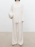 Momentlover Solid Color Long Sleeves High-Neck Sweater Top + Wide Leg Pants Bottom Two Pieces Set