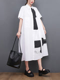 Momentlover Original Loose Short Sleeves Buttoned Contrast Color Printed Midi Dresses