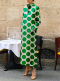 Momentlover Long Sleeves Loose Polka-Dot Split-Side Stand Collar Midi Dresses
