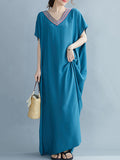 Momentlover Casual Artistic Retro Striped V-Neck Short Sleeves Maxi Dress
