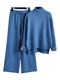 Momentlover Urban Long Sleeves Solid Color Half Turtleneck Sweater Tops & Wide Leg Pants Two Pieces Set