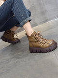 Momentlover Vintage Cow Leather Wool Boots Platform Shoes