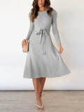 Momentlover Tied Waist Solid Color Long Sleeves High Waisted Round-Neck Sweater Dresses Midi Dresses