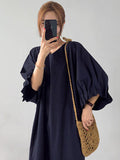 Momentlover Causal Plus Size Pleated Raglan Sleeve V-Neck Midi Dress