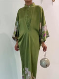 Momentlover Batwing Sleeves Loose Floral Printed Muslim Pleated Stand Collar Maxi Dresses