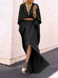Momentlover Batwing Sleeves Loose Solid Color Split-Side V-Neck Maxi Dresses