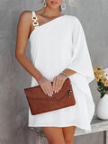 Momentlover Batwing Sleeves Hollow Printed One-Shoulder Mini Dresses