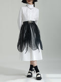 Momentlover Split-Joint Gauze Belted Long Sleeves Stand Collar Shirt Dress Midi Dresses
