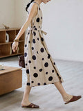 Momentlover Tied Waist Split-Joint Polka-Dot Pleated Contrast Color Sleeveless Loose Round-Neck Midi Dresses