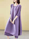 Momentlover Casual Loose Three-Quarter Sleeves Pleated Solid Color T-Shirt&Pants Two Pieces Set