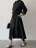Momentlover Casual A-Line Long Sleeves Bandage Solid Color Lapel Collar Shirt Midi Dresses