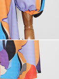 Momentlover Original Puff Sleeves Loose Contrast Color Printed Deep V-Neck Maxi Dresses