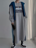 Momentlover Original Loose Long Sleeves Letter Print Split-Side Split-Joint Round-Neck Midi Dresses