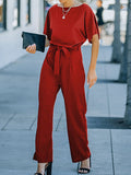 Momentlover Solid Color Ribbed Wide Leg Short Sleeves Round-neck Jumpsuits