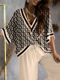 Momentlover Urban Loose Printed V-Neck T-Shirts Tops& Drawstring Wide Leg Pants Suits