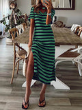 Momentlover Striped Split-Side Printed Short Sleeves Loose V-Neck Midi Dresses