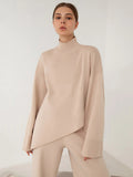 Momentlover Casual Solid Color Irregularity High-Neck Sweater& Wide Leg Pants Suits