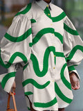 Momentlover Loose Puff Sleeves Contrast Color Printed Split-Side Lapel Mini Dress Shirt Dress