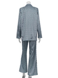 Momentlover Printed Long Sleeves Lapel Outwear Top + Flared Trousers Bottom Two Pieces Set