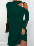 Momentlover Hollow Buttoned Buckle Asymmetric Loose Long Sleeves Round-Neck Mini Dresses