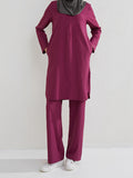 Momentlover Solid Color Long Sleeves Pockets Split-Side Round-Neck Shirts Top + Pants Bottom Two Pieces Set