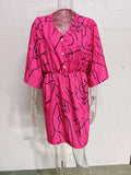 Momentlover Printed Pleated Elasticity Buttoned Plus Size Loose V-Neck Mini Dresses