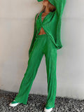 Momentlover Loose Solid Color Pleated Blouse&Wide Legs Pants 2 Pieces Set