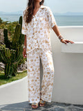 Momentlover Printed Loose Geometric Buttoned Lapel T-Shirts Top + Elasticity High Waisted Pants Bottom Two Pieces Set