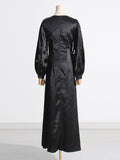 Momentlover Solid Color Hollow Puff Sleeves Loose Round-Neck Maxi Dresses