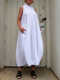 Momentlover Loose Sleeveless Pockets Solid Color Stand Collar Midi Dresses Shirt Dress