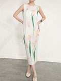 Momentlover Pleated Flower Print Sleeveless Loose Round-Neck Midi Dresses