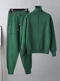 Momentlover Casual Solid Long Sleeves High-Neck Sweater Tops & Drawstring Wide Leg Pants Suits